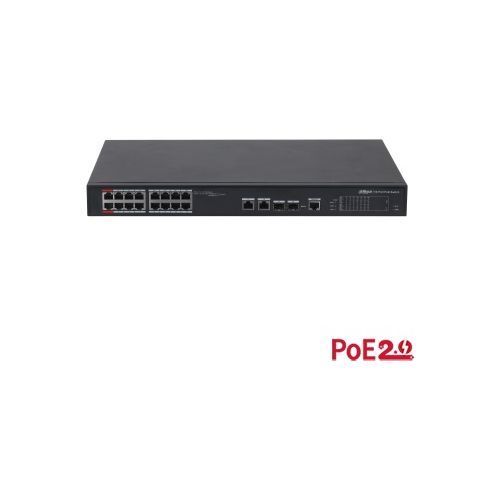Switch Dahua PFS4218-16ET-240-V3 16-port 100 Mbps + 2-port Gigabit, 250m, 2xbt 90W (port rosu), 240W, PoE watchdog